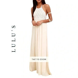 1682. LULU’S BEYOND BEAUTIFUL BEIGE CROCHET MAXI LENGTH ‎ DRESS SIZE SMALL